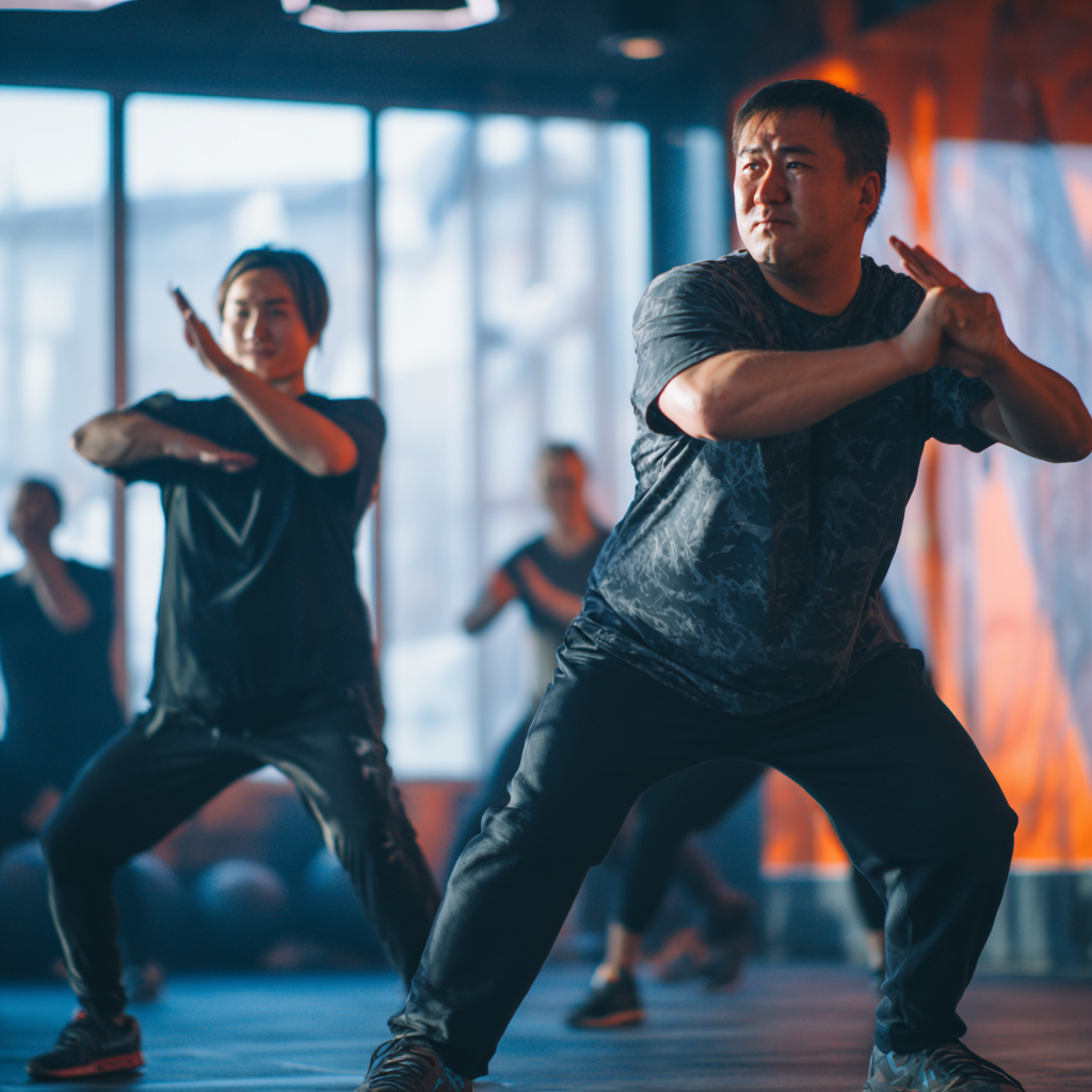 Fýztrax yoga va fitnes dasturida ishtirok etayotgan turli yoshdagi O'zbek odamlari, tabassumda mashq qilayotgan